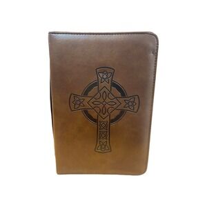 Eccolo World Traveler Brown Zippered Bible Cover Embossed Cross Handle